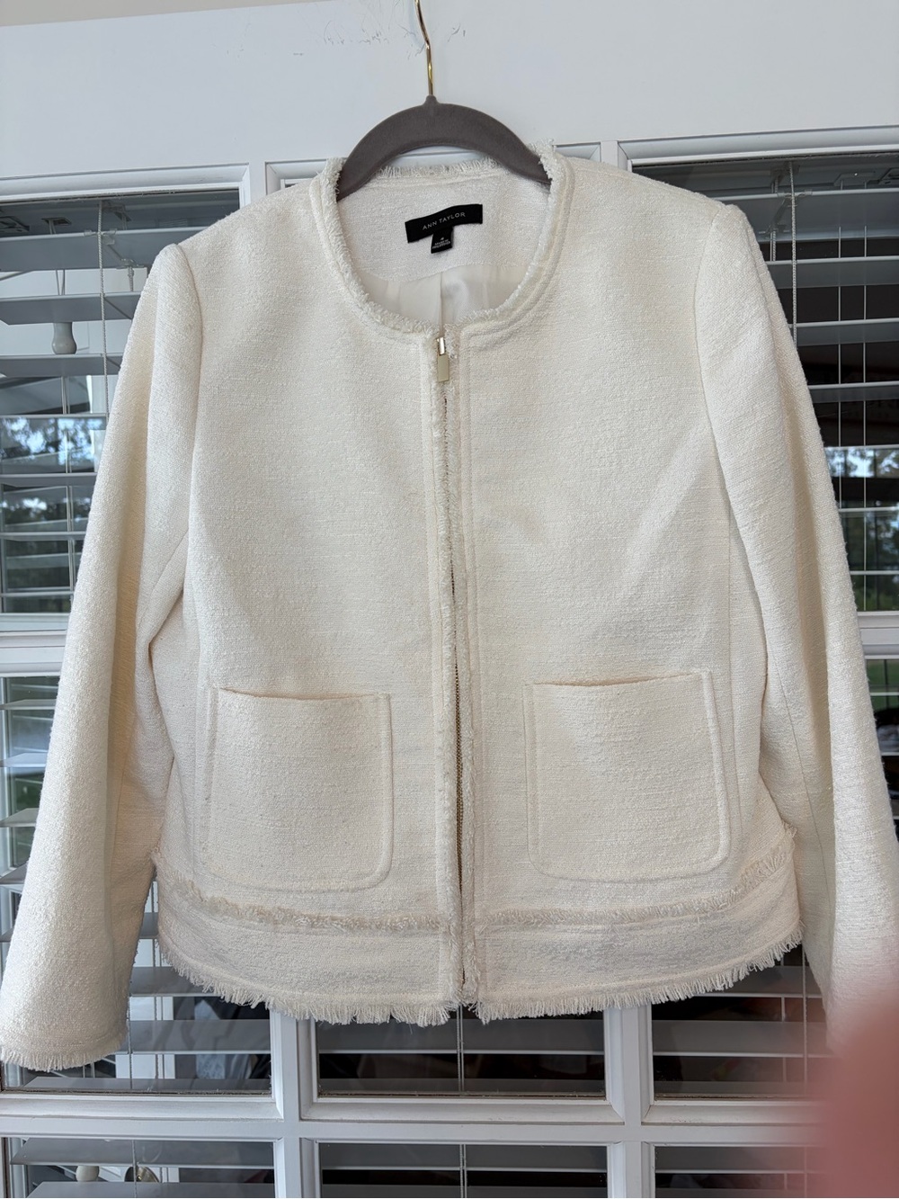 Ann Taylor Cream Bouclé Zip-Front Jacket